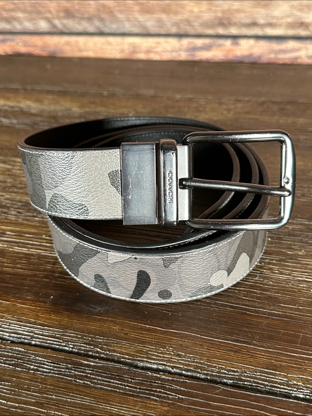 Coach Gray Camouflage Leather Belt with Gunmetal Buckle!